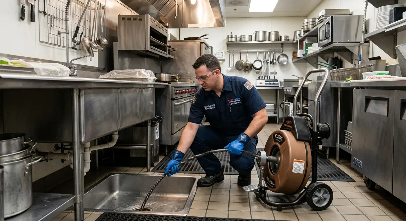 Commercial drain cleaning service in a restaurant kitchen in Winthrop Town