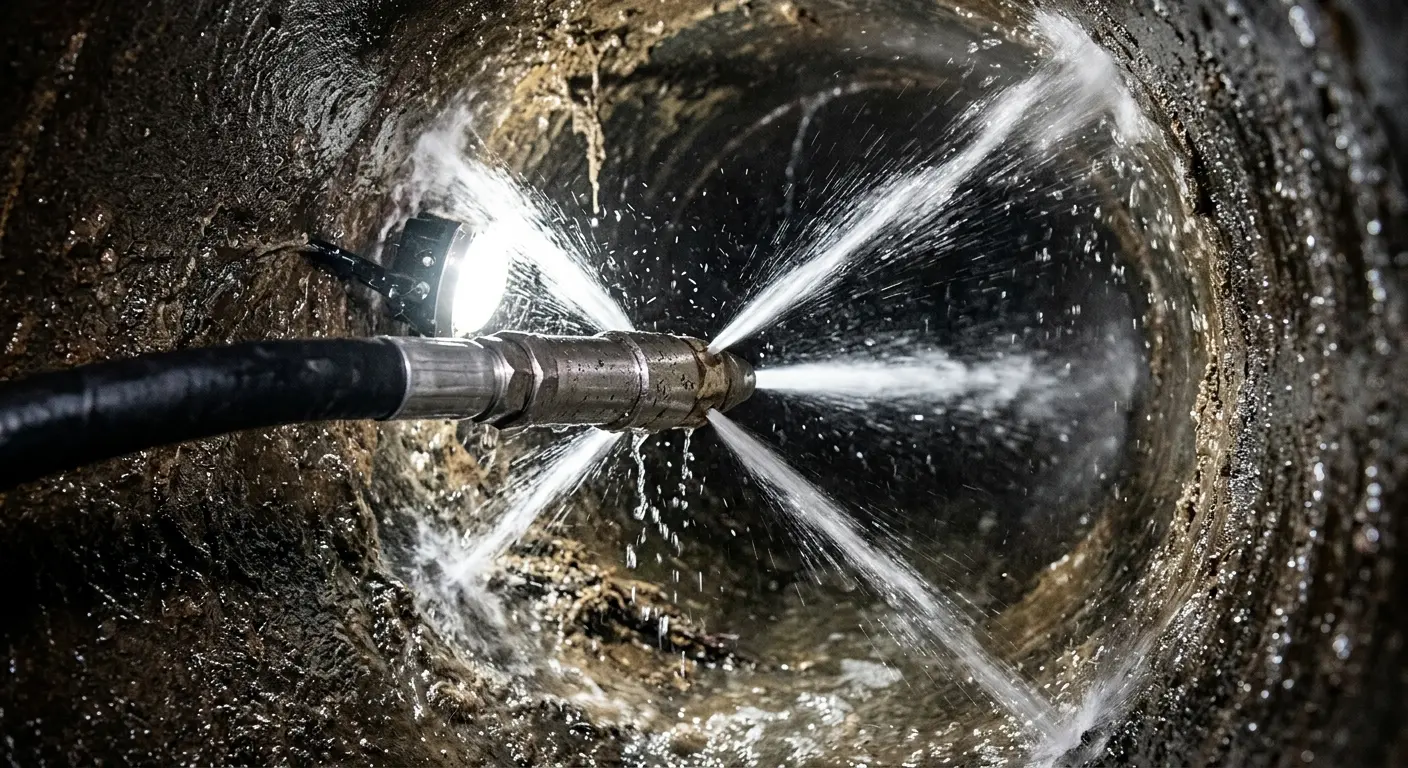 High-pressure hydro jetting nozzle cleaning sewer pipe for Emergency Drain Service in Winthrop Town