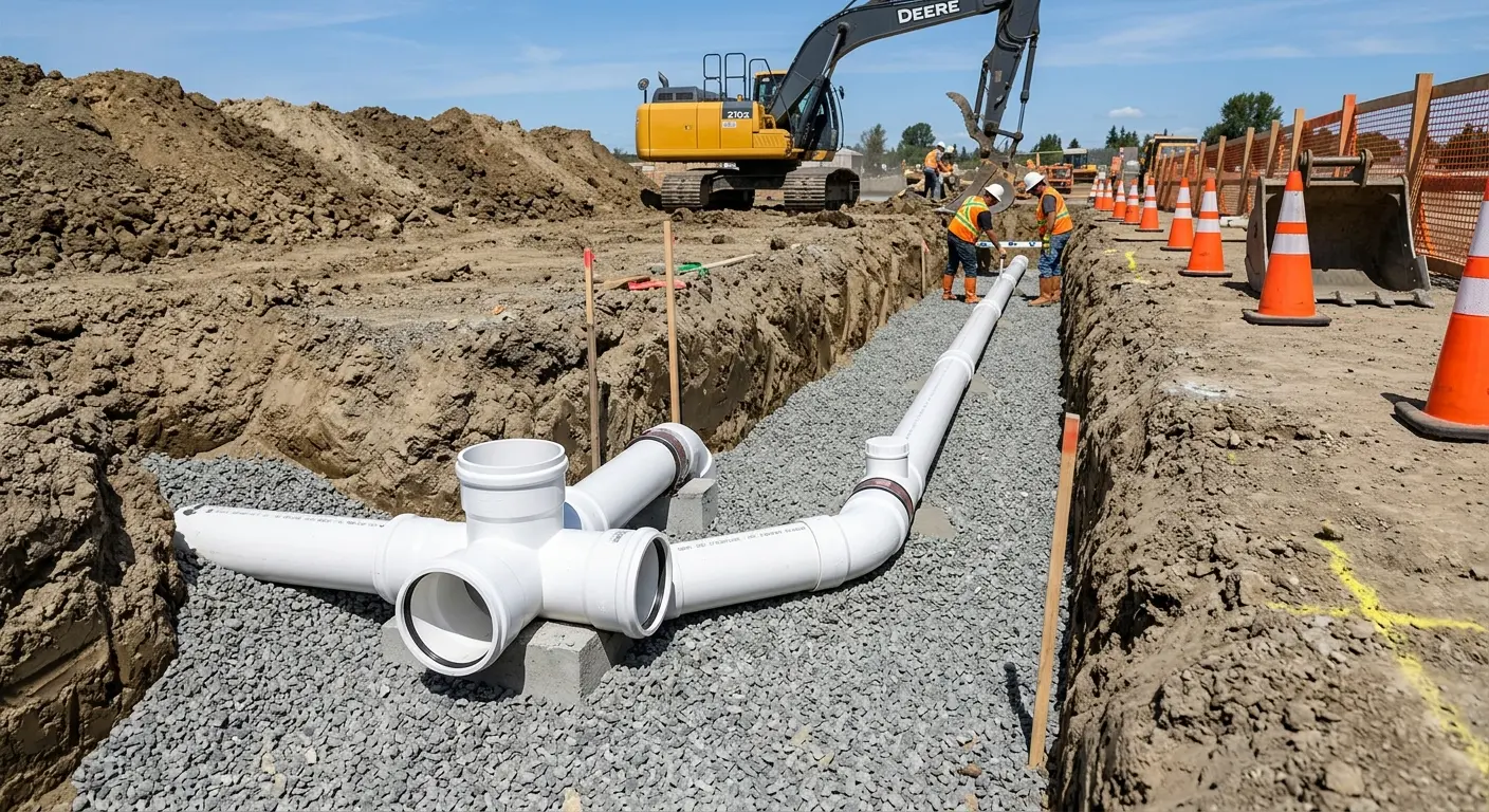New PVC sewer pipe installation in open trench for Commercial Drain Cleaning in Winthrop Town