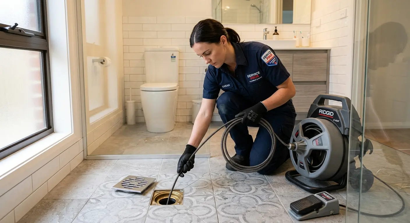 Technician clearing a bathroom floor drain for Drain Cleaning in Winthrop Town